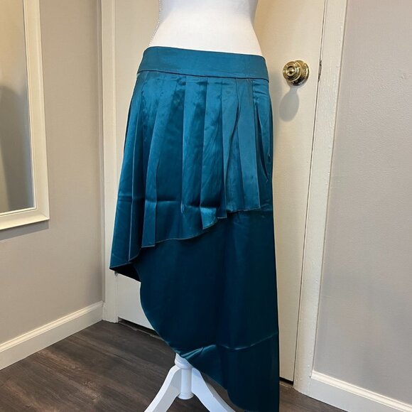 Shein Teal Unity Ruffle Trim Asymmetrical Hem Satin Skirt, Size Large - Picture 6 of 15